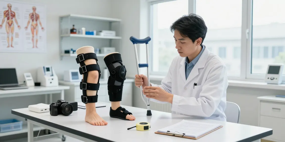 Orthopedic technician evaluating materiel orthopedique in a clinical setting.