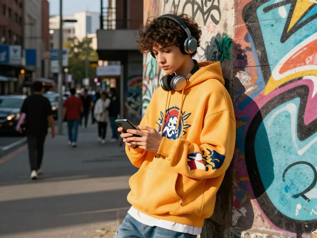 Youth in trendy streetwear by graffiti wall, showcasing rokok88 culture.