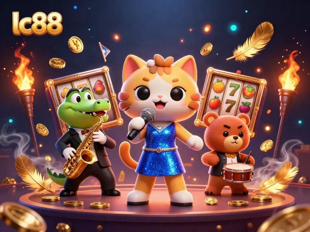 Experience thrilling gaming with lc88 featuring a jazz-singer cat and vibrant casino elements.