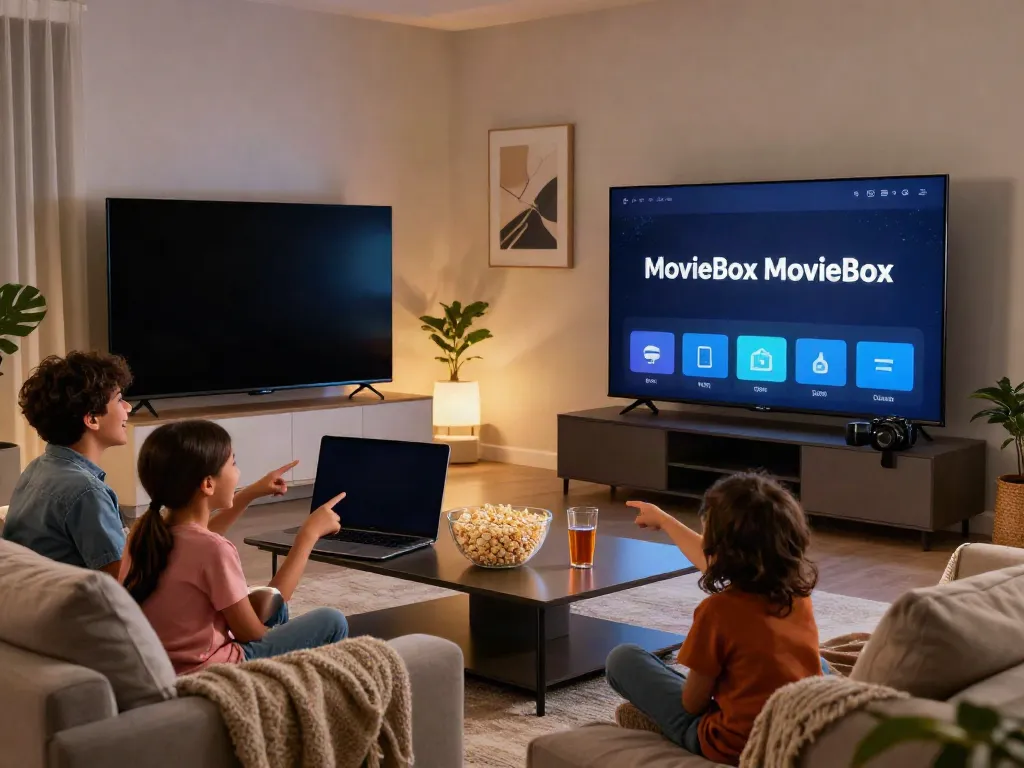 Family enjoying a movie night using MovieBox download on smart TV.