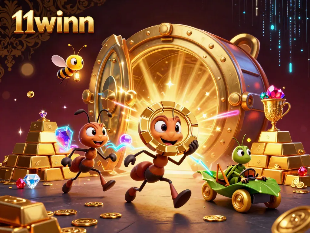 Experience a vibrant heist at 11winn, where cartoon ants carry a giant poker chip amidst golden treasures.