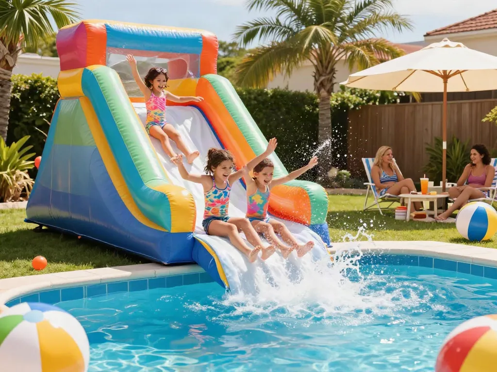 Children enjoying a colorful inflatable slide water slide in a sunny backyard.