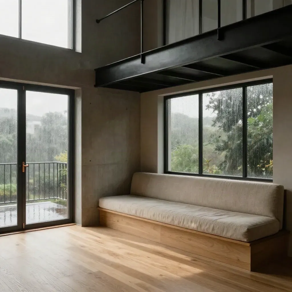 Moody double-height loft interior with mezzanine, concrete column and rain-lit balcony reflections.