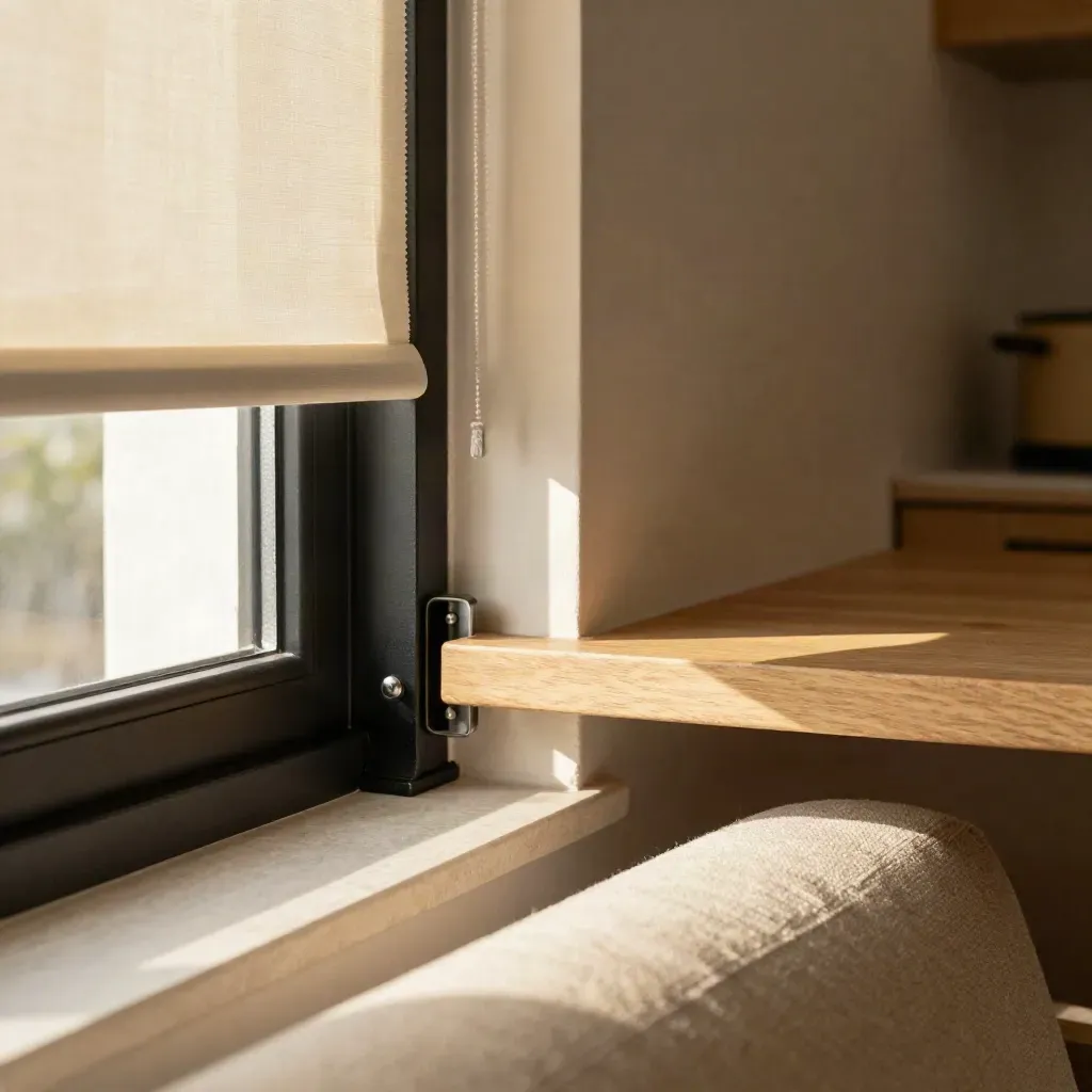 Macro of a loft window frame, opening blind, linen sofa edge, oak shelf and sunlit dust.