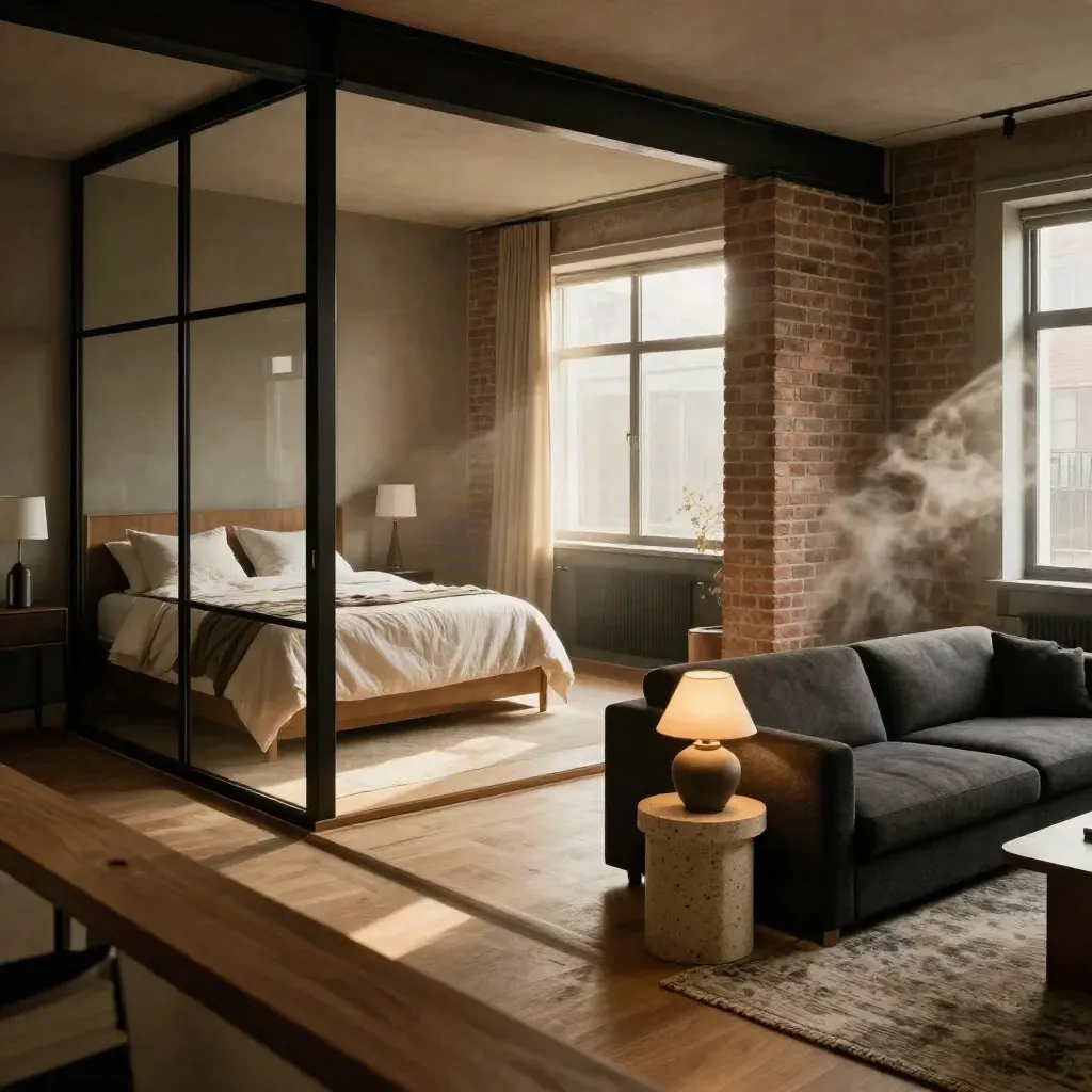 Mezzanine view of a one-bedroom loft with glass partition, linen bed, brick, and bright living room.