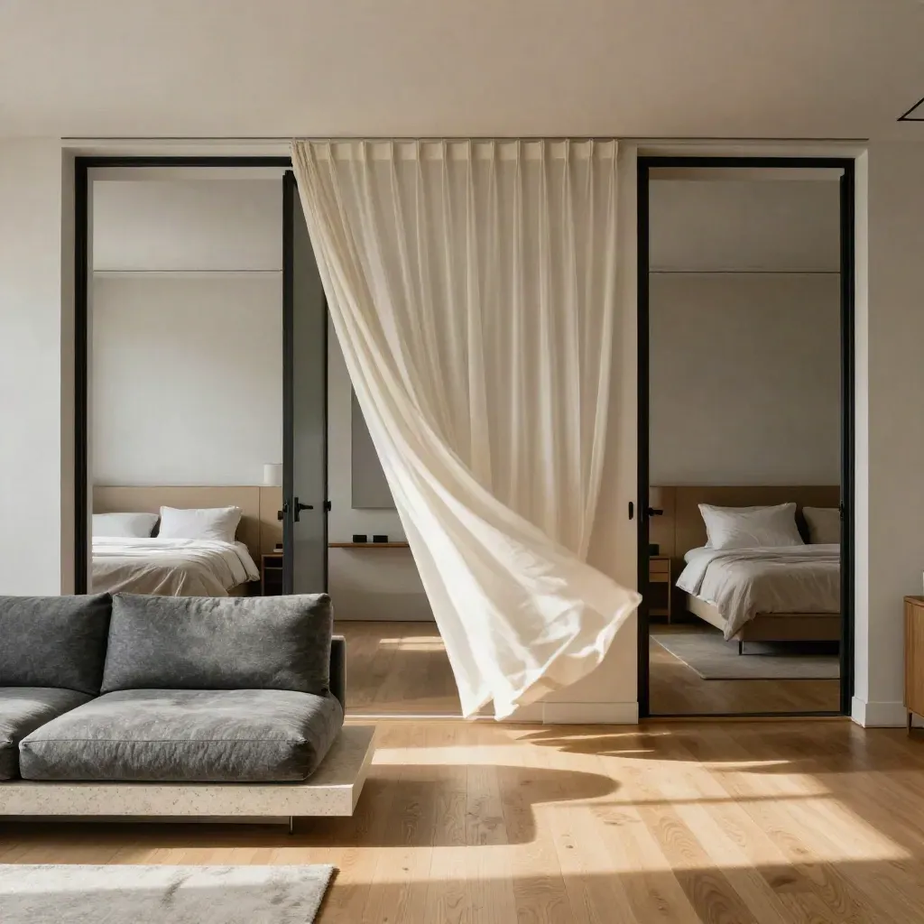Two-bedroom loft with open doors and a lifted sheer curtain in breezy daylight.