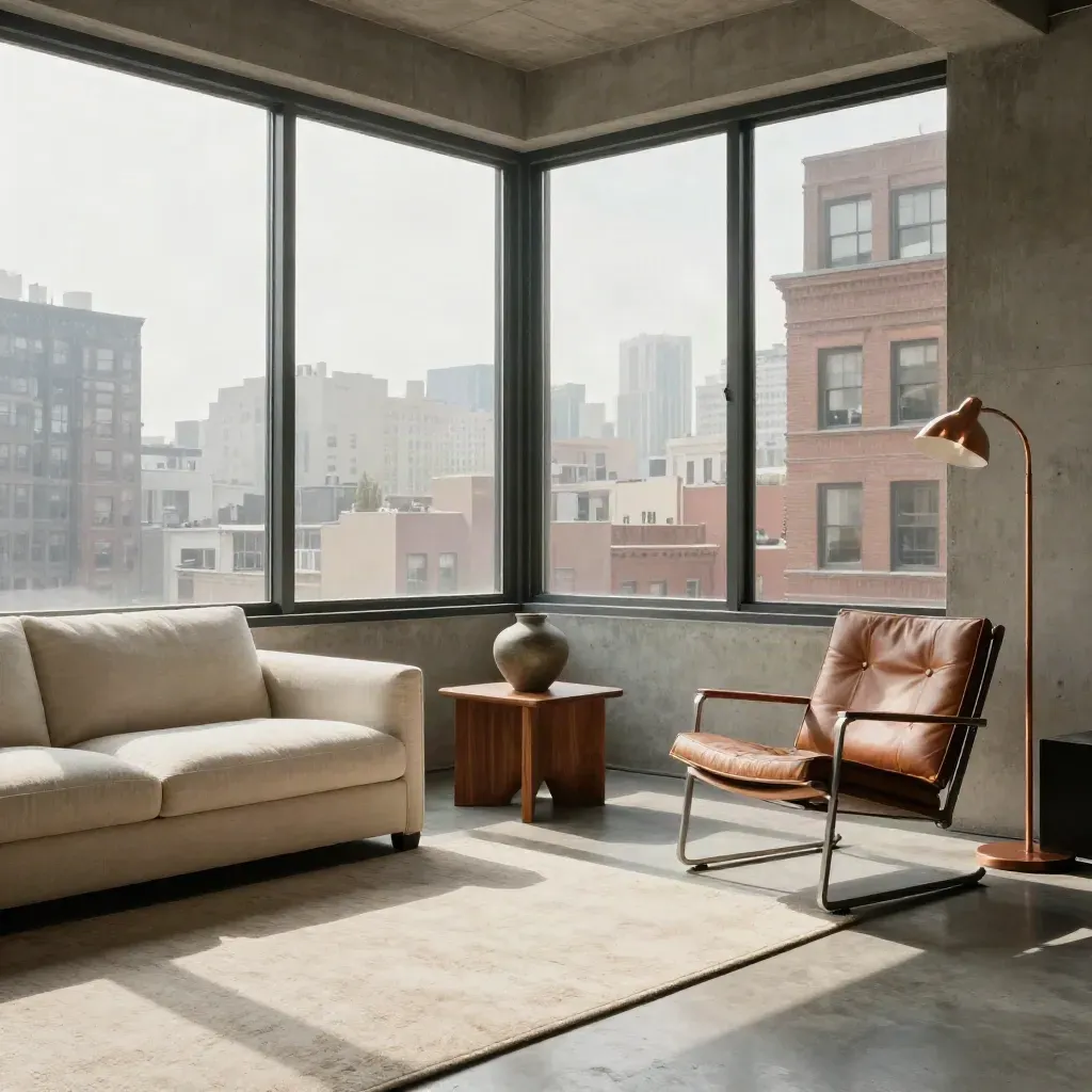 Corner loft with wraparound windows, low sofa, reading chair, and city view in bright haze.
