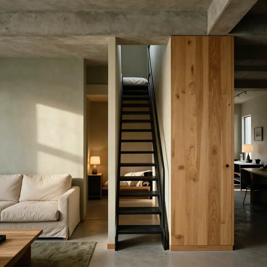 Split loft interior with stair, divider, hidden sleeping wing, and compact lounge at dusk
