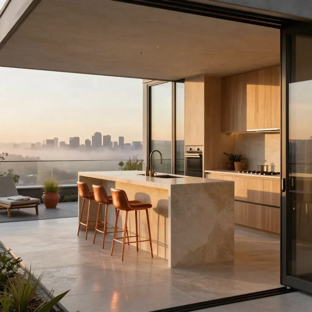 Penthouse loft terrace at sunrise with stone island, gold-lit glass and city skyline beyond.
