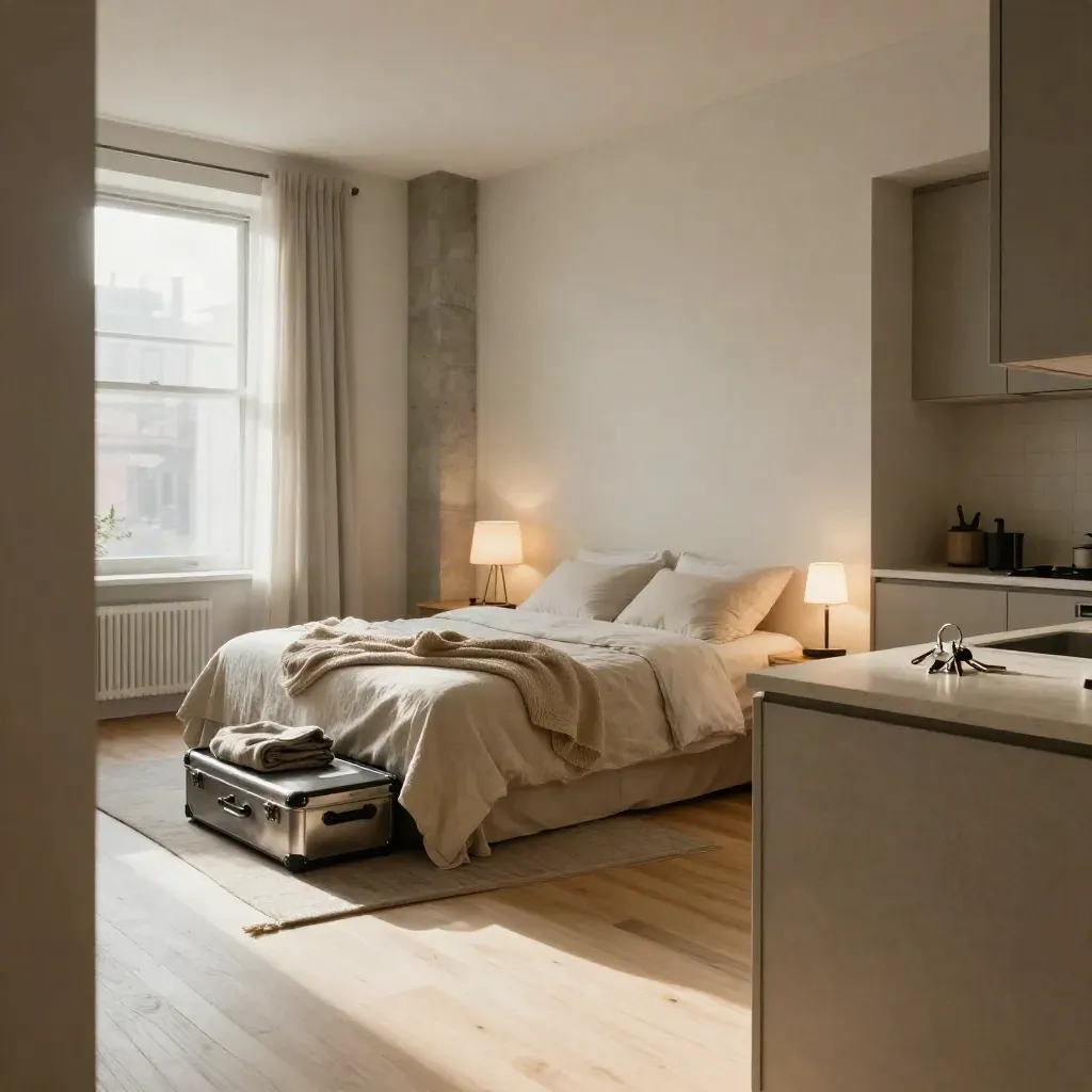 Warm one-bedroom loft with made bed, suitcase, lamp and keys in morning light.