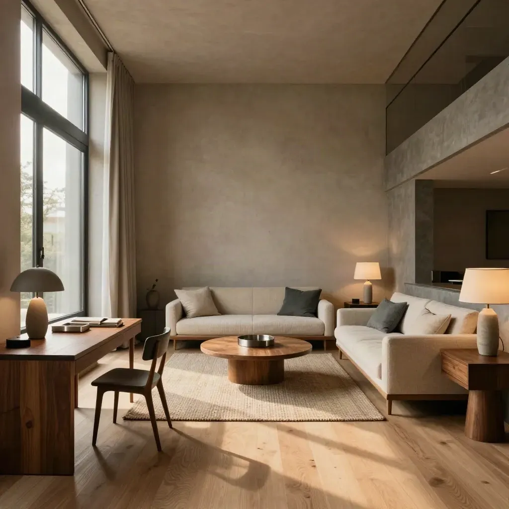 Symmetrical two-bedroom loft with twin desks, warm lamps, and a shared lounge.