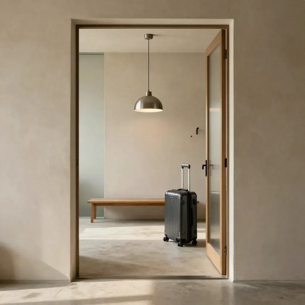Open studio loft entry with glowing pendant, suitcase by the door, and sunlight across concrete floor.