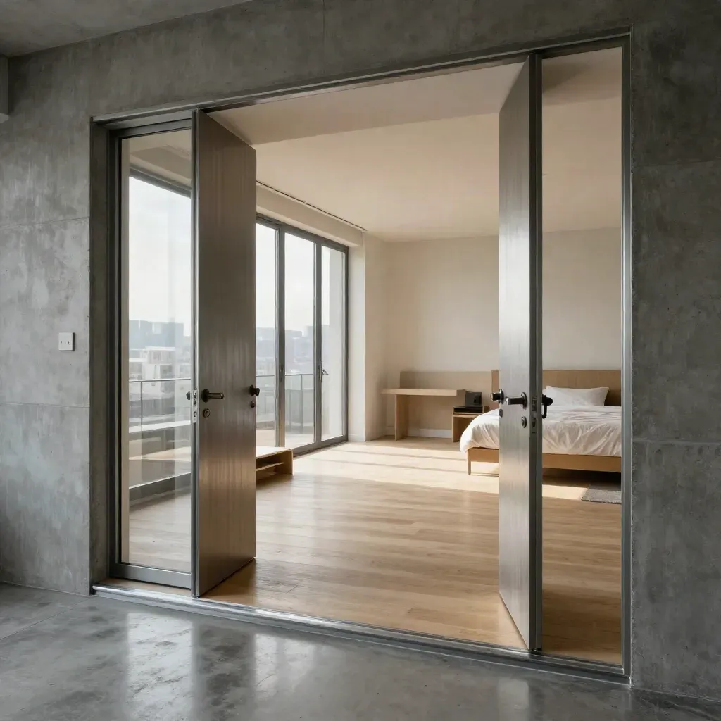 Axial view of a two-bedroom loft with open doors, pale oak floors, and floor-to-ceiling windows.