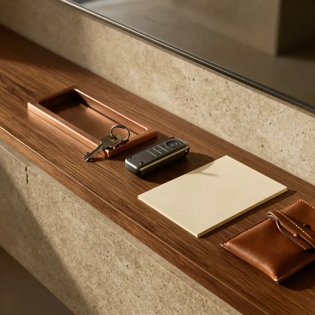 Overhead entry console with keys, garage remote, and arrival card in dramatic light