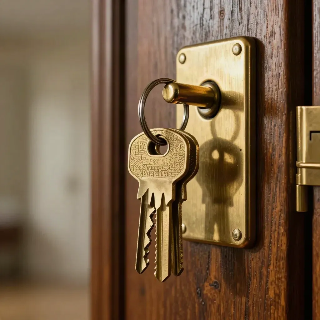 Brass master keys and door latch hardware on dark oak, lit by a hard sidelight.