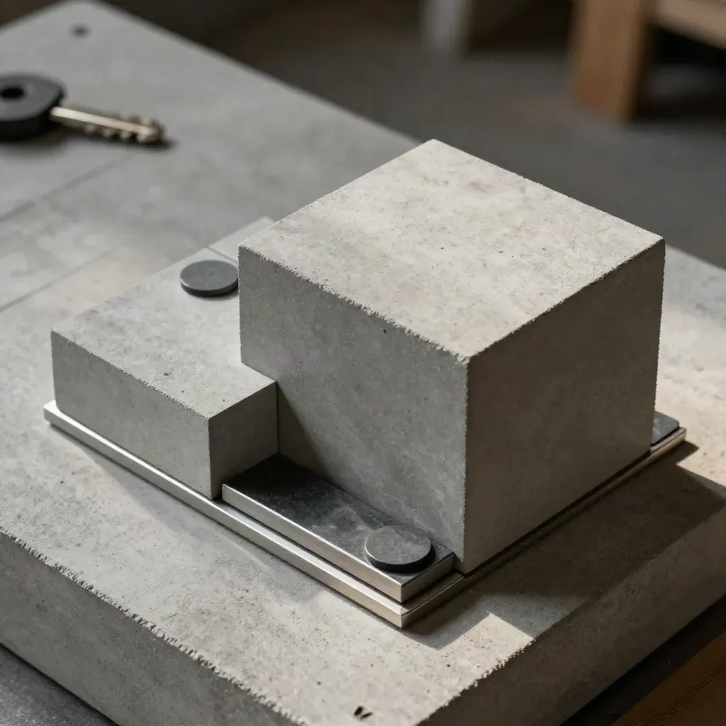Top-down macro of suite-model blocks and slate markers on concrete, mid-click into a matched pair.