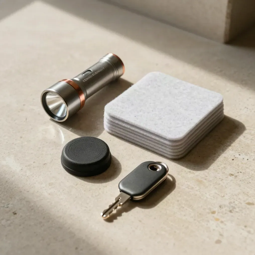 Top-down move-in kit with flashlight, door stop, felt pads and key fob on pale stone.