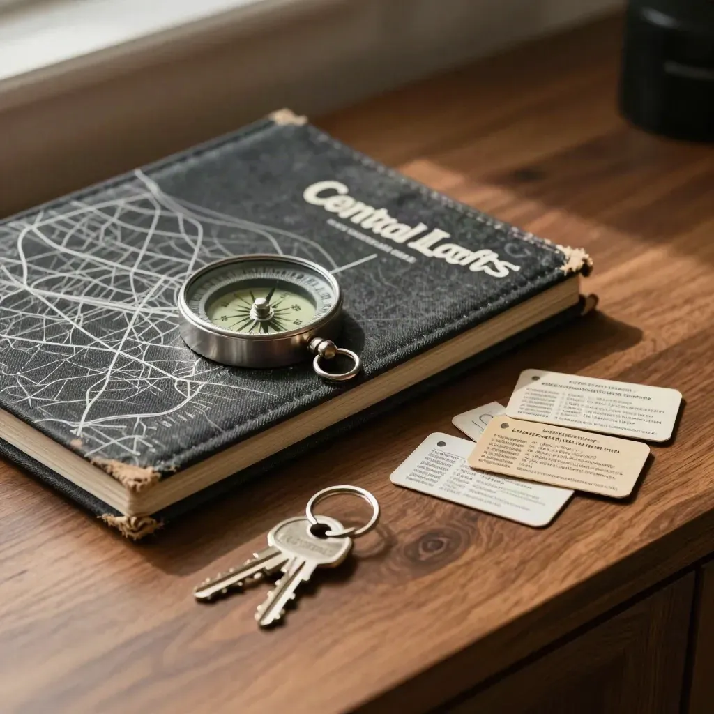 Closed city atlas, compass, transit tokens and key ring on walnut in soft daylight.