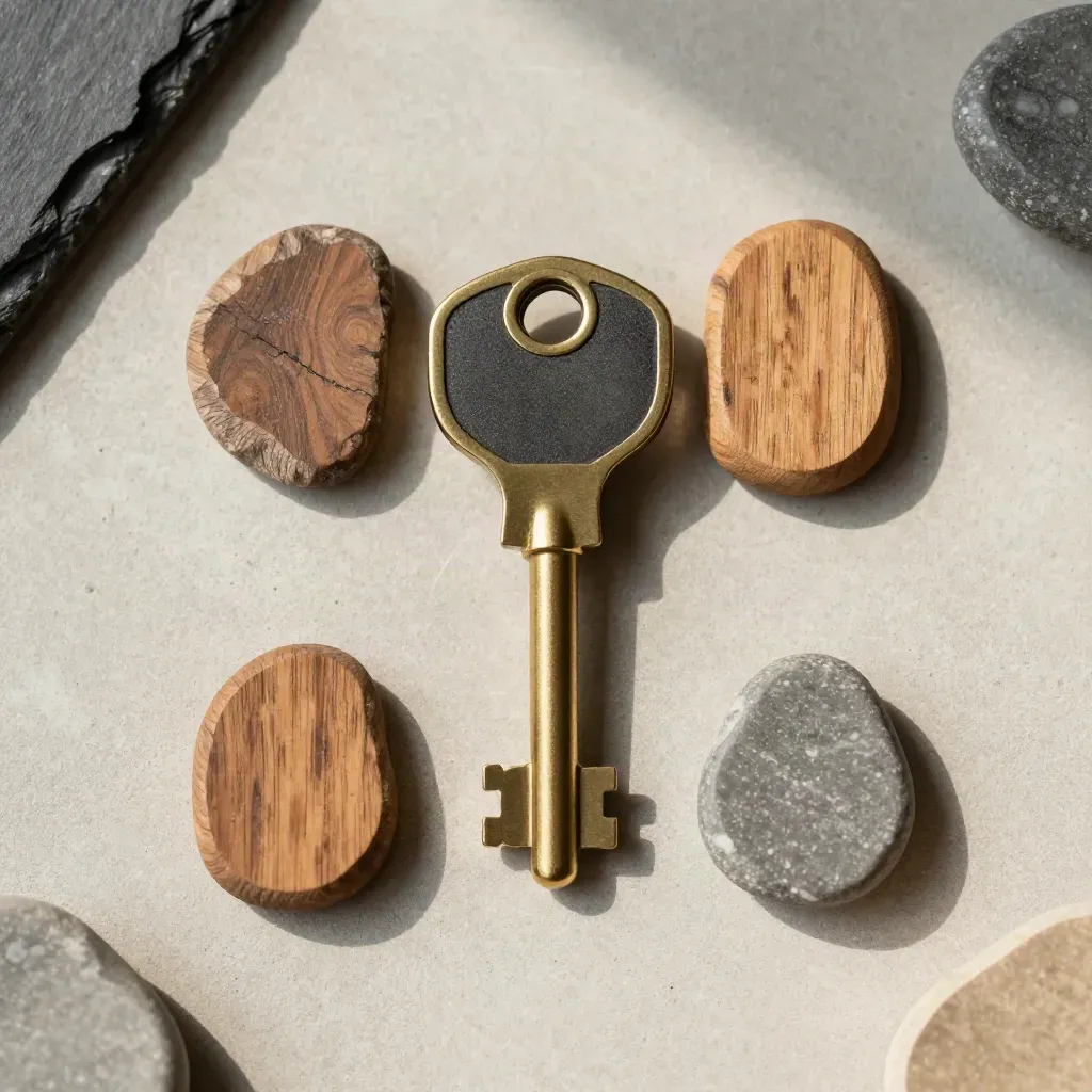 Brass key, matte fob and oak and stone chips arranged in a clean overhead flatlay.