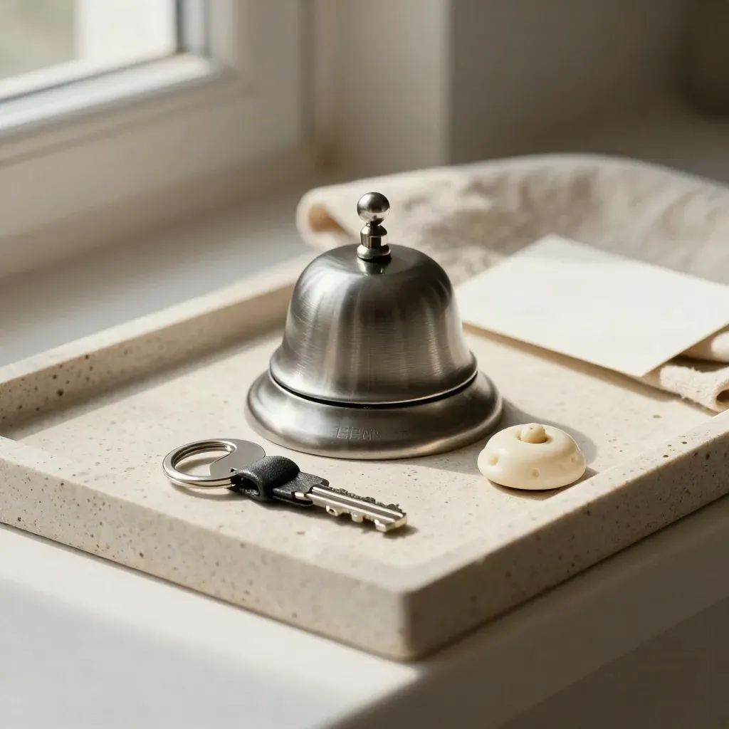 Brushed metal appointment bell with key ring and calendar puck on travertine tray