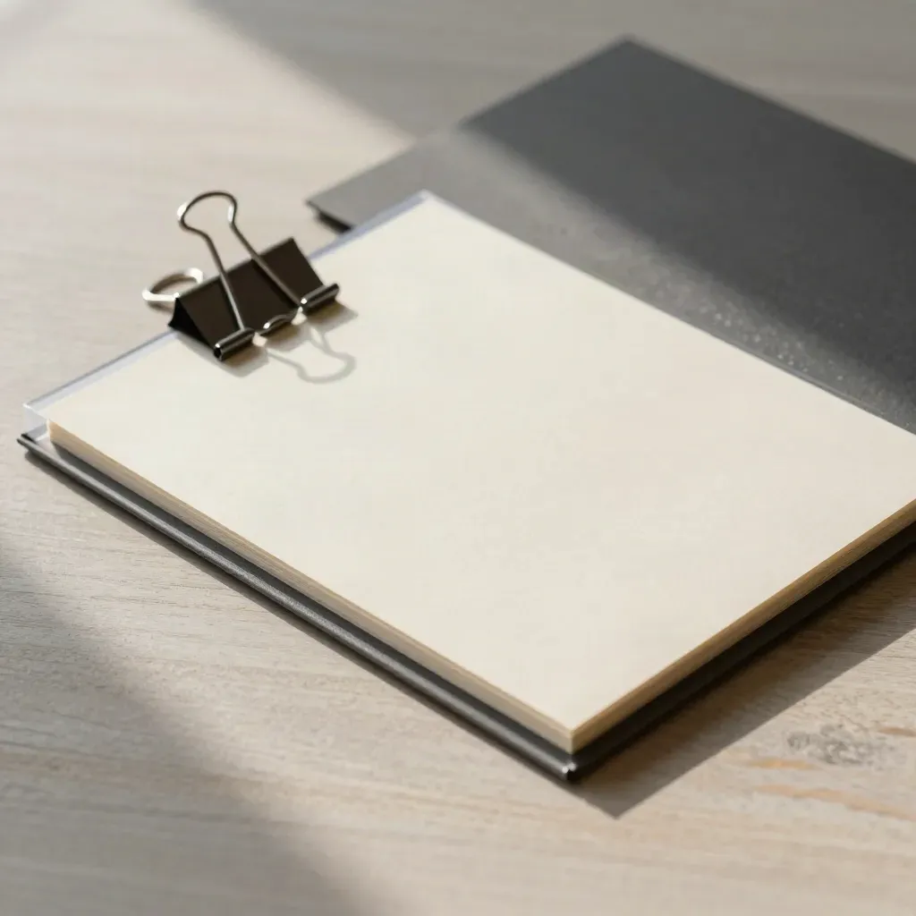 Translucent document sleeve with blank sheets and binder clips on pale wood.