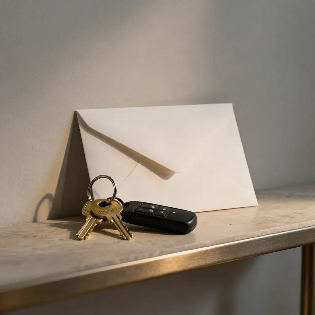 Brass keys, garage remote, and a blank envelope on a narrow entry console at dusk.