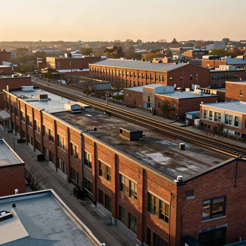 West Toronto brick rooftops and rail lines glow amber under a hazy golden sky.