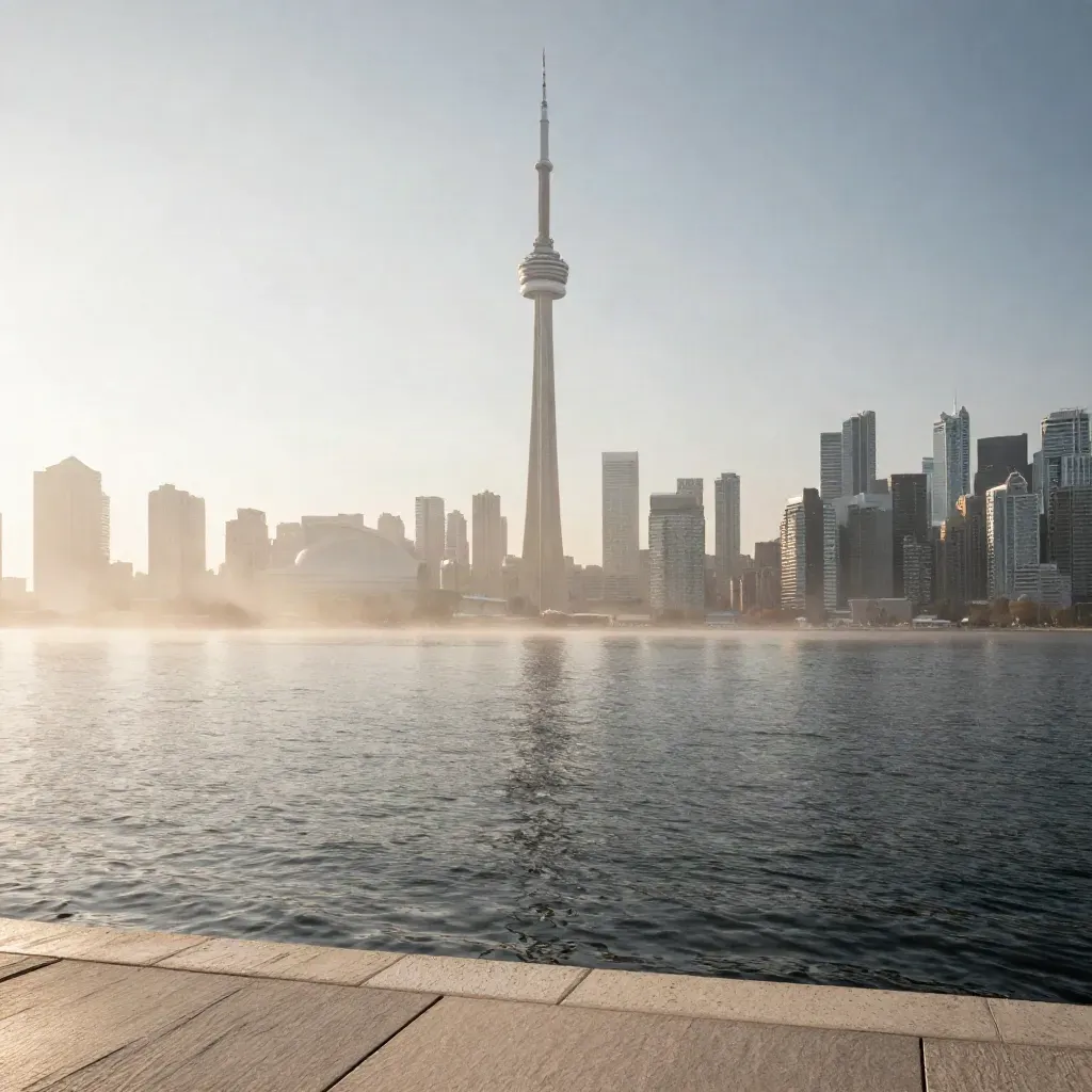 Toronto skyline with CN Tower above hazy lake water at sunrise