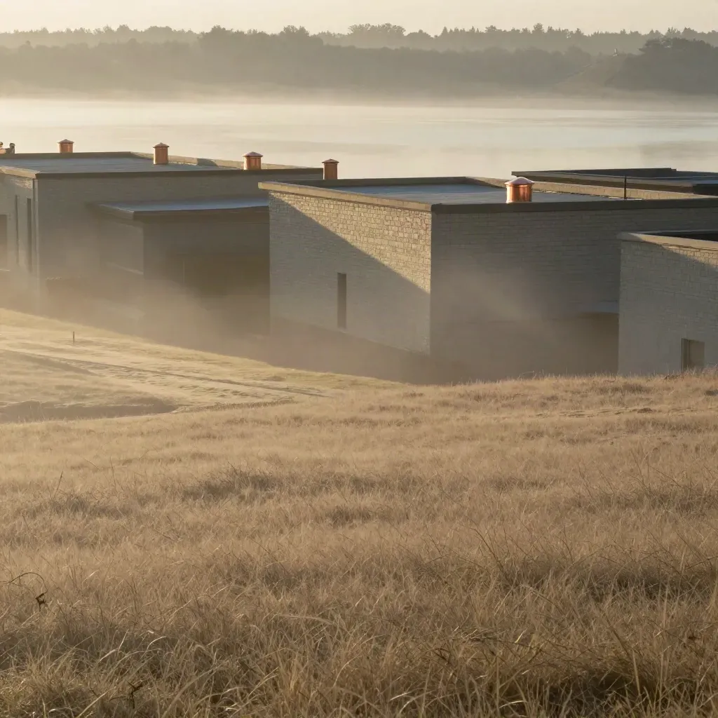 Foggy east-end ravine rooftops above a misty shoreline, calm open foreground