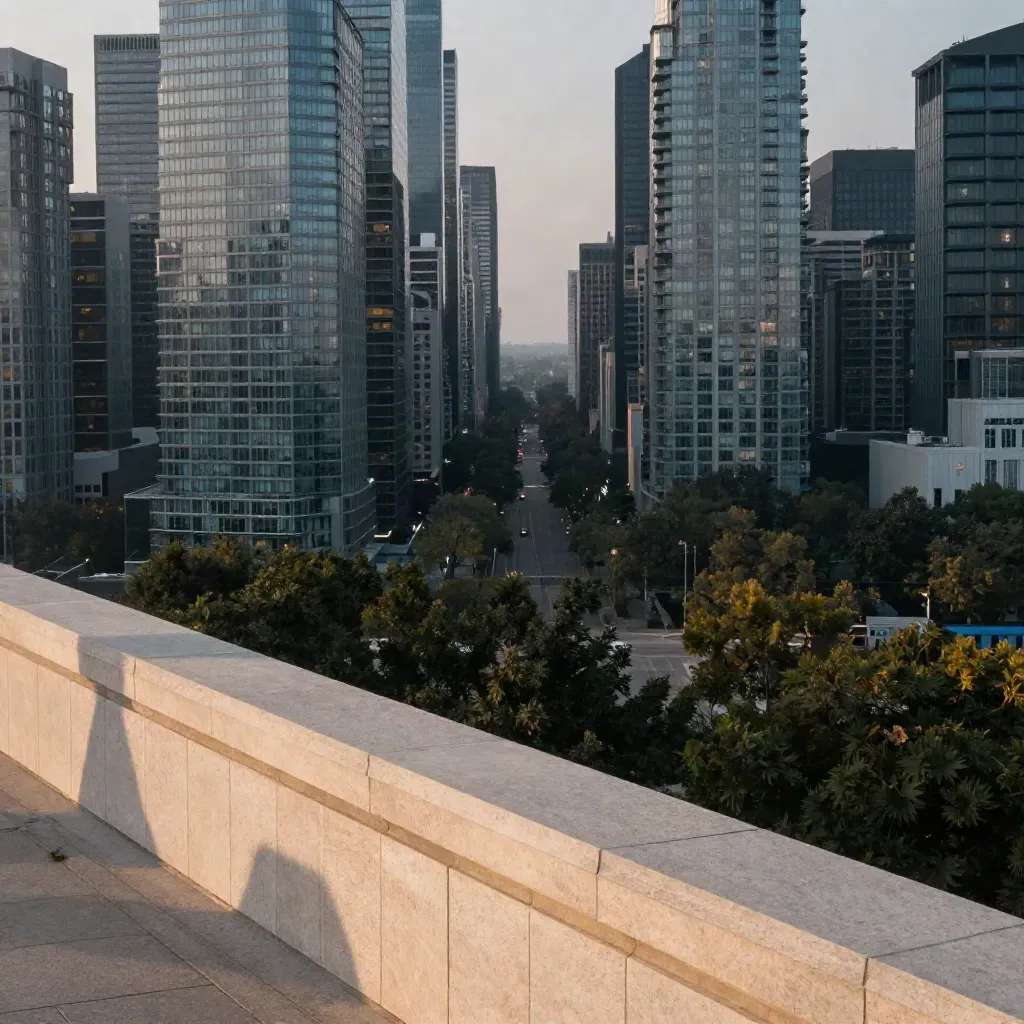 Blue-hour North GTA towers above maple canopy and hazy arterial grid