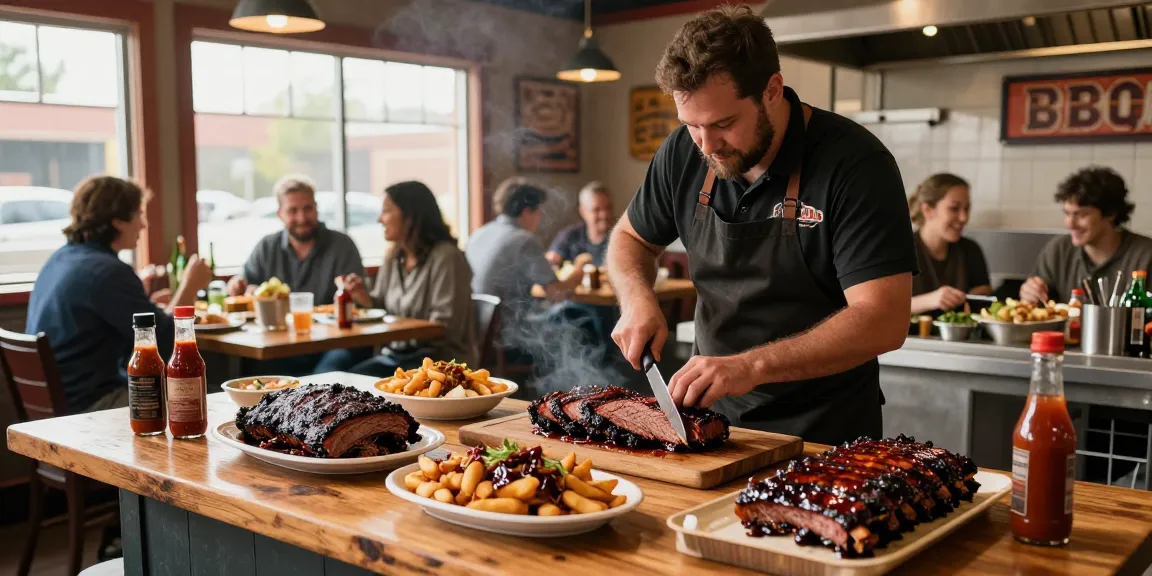 Delicious BBQ food Alberta scene featuring brisket and pulled pork in a warm restaurant atmosphere.