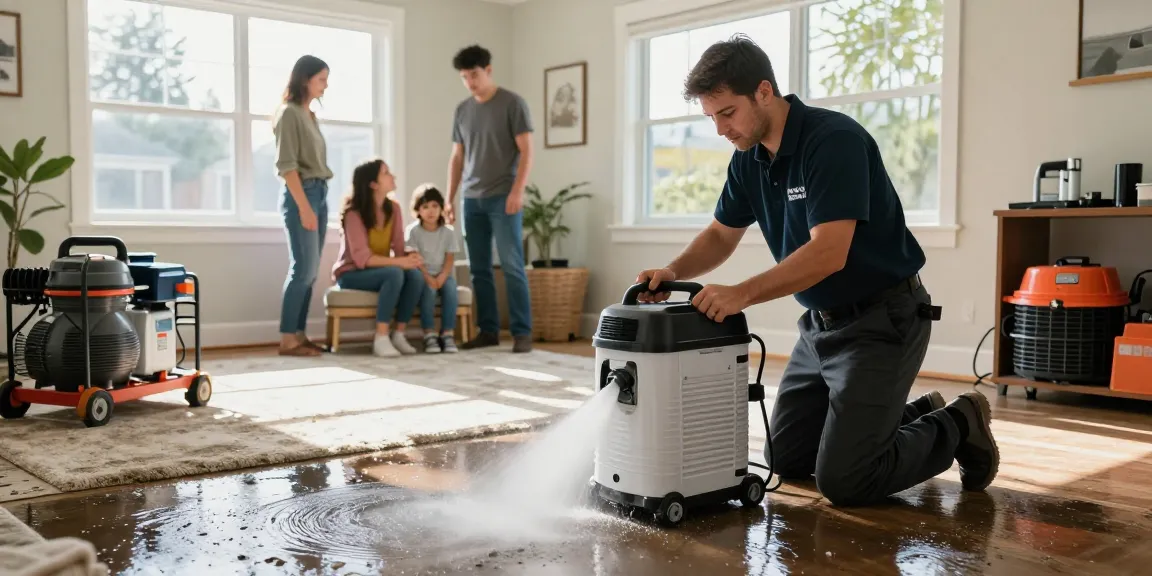 Water Damage Restoration North Vancouver technician using industrial dehumidifier in a flooded home to restore safety and comfort.