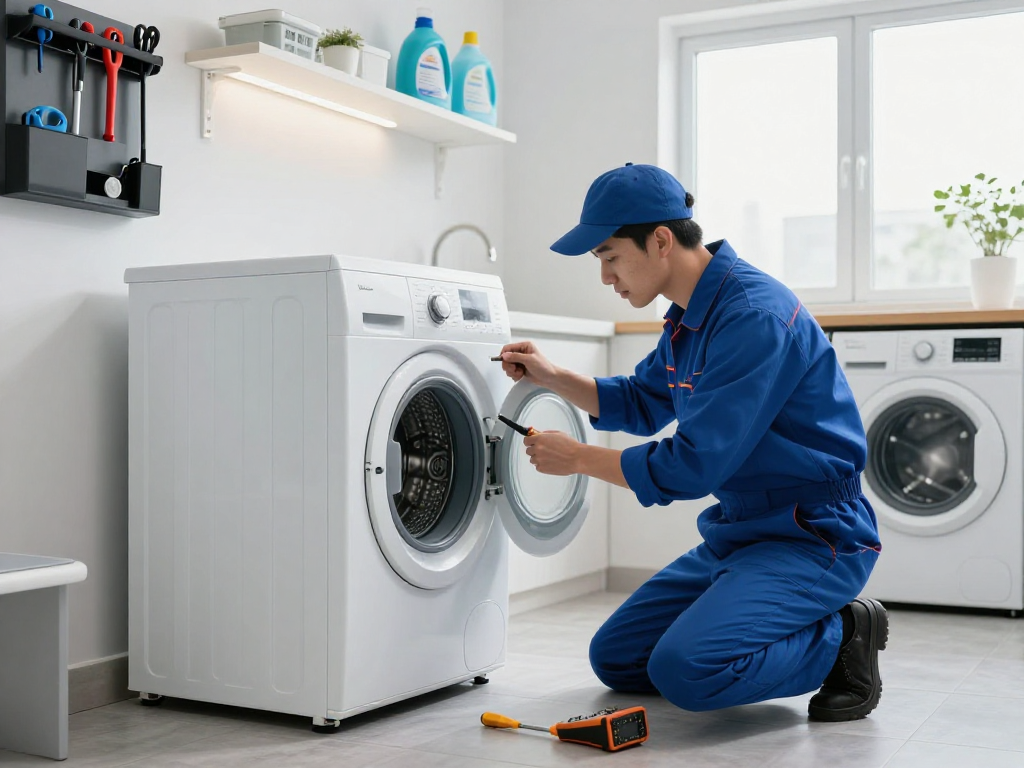 Expert technician performing dryer repair in modern laundry room with tools and bright lighting.