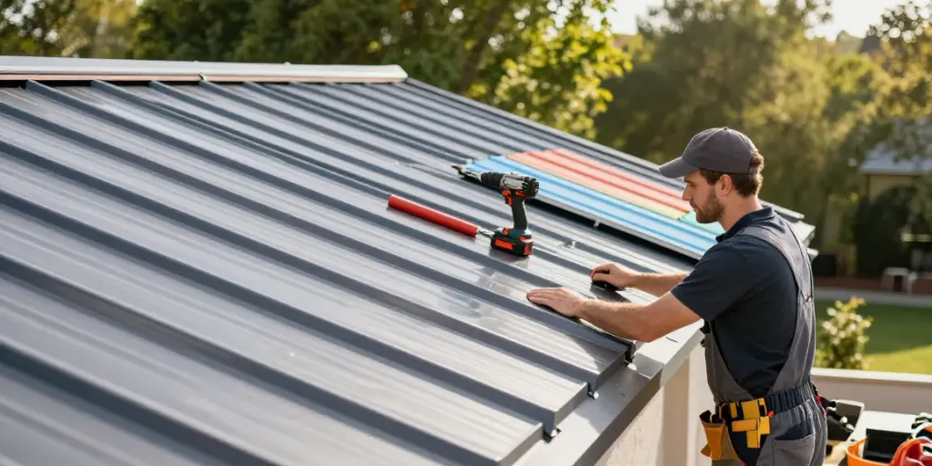 Standing Seam Metal Roofing Experts inspecting a sleek roof surface with tools nearby.