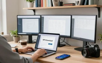 WPS Download scene showing a user preparing to download WPS Office in a modern home office setting.
