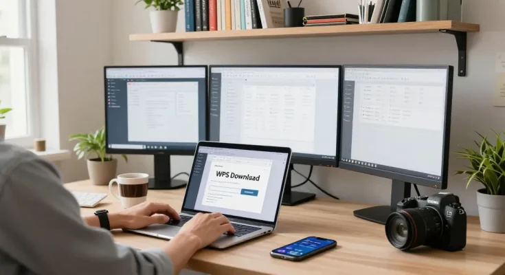 WPS Download scene showing a user preparing to download WPS Office in a modern home office setting.