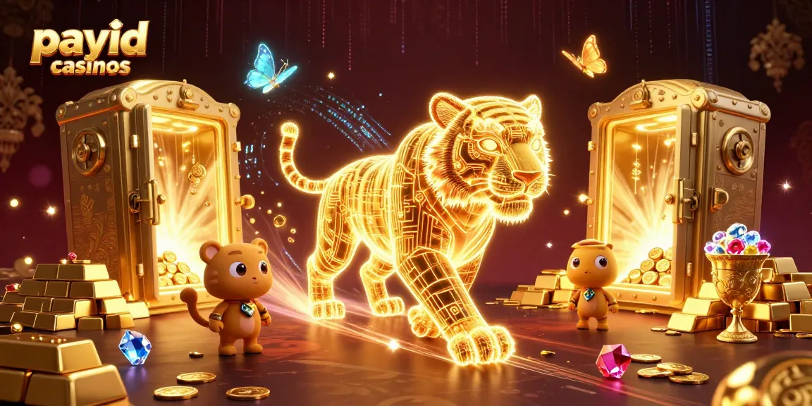 Experience the thrill of payid casinos with golden tiger in neon-lit 3D casino landscape.